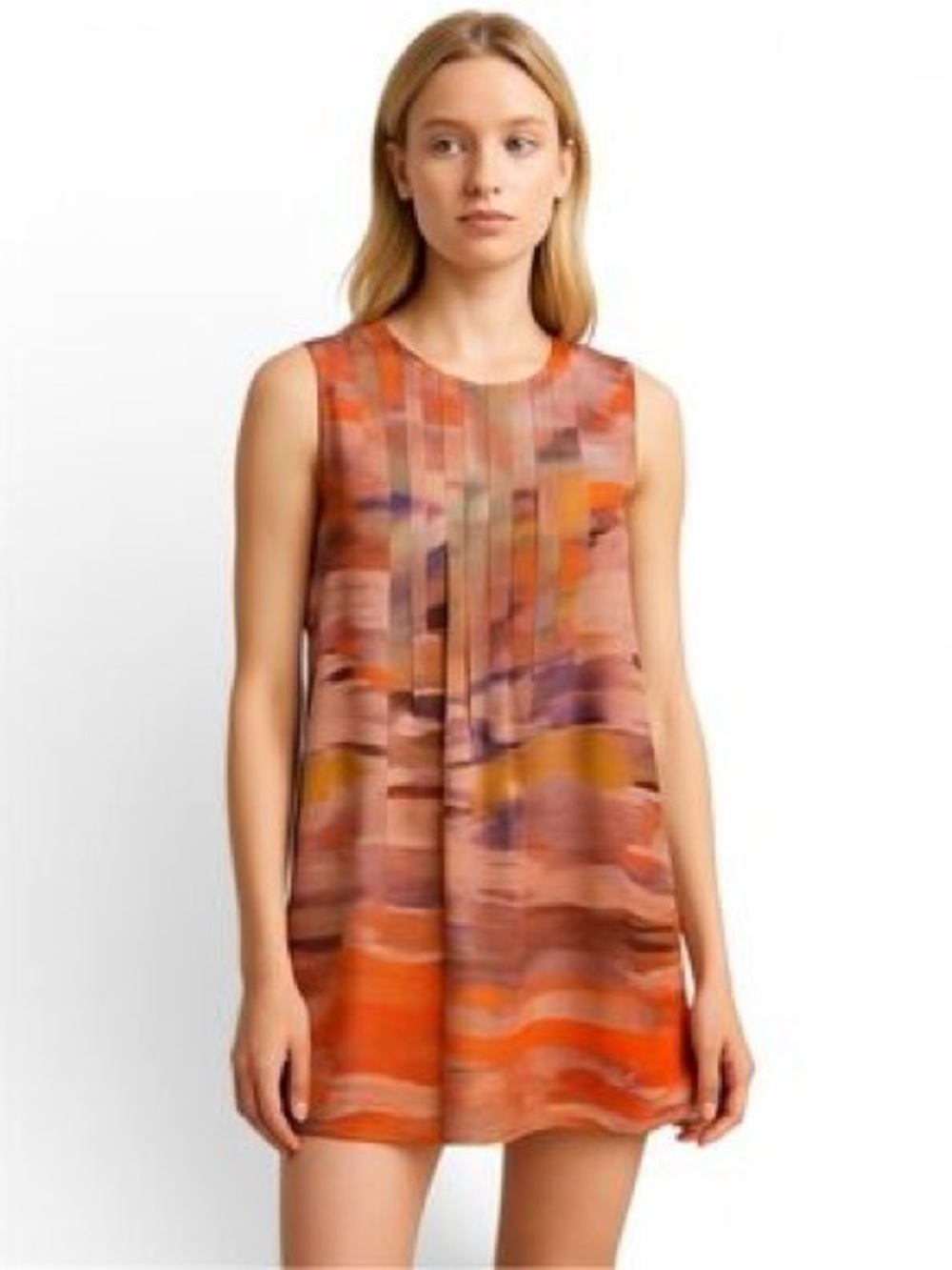 Calvin Klein sleeveless silk dress size 8 abstract water color print pleat lined